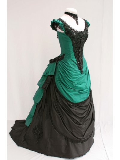 Green and Black Short Sleeves Victorian Bustle Ball Gown