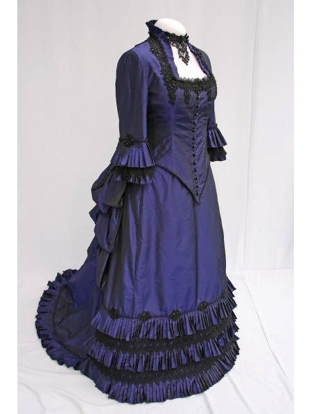 Blue Taffeta Victorian Bustle Ball Gown