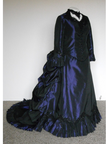 Navy Blue Taffeta Sequin Victorian Bustle Ball Gown