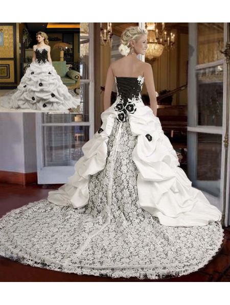 White and Black Taffeta and Lace Romantic Gothic Wedding Dress