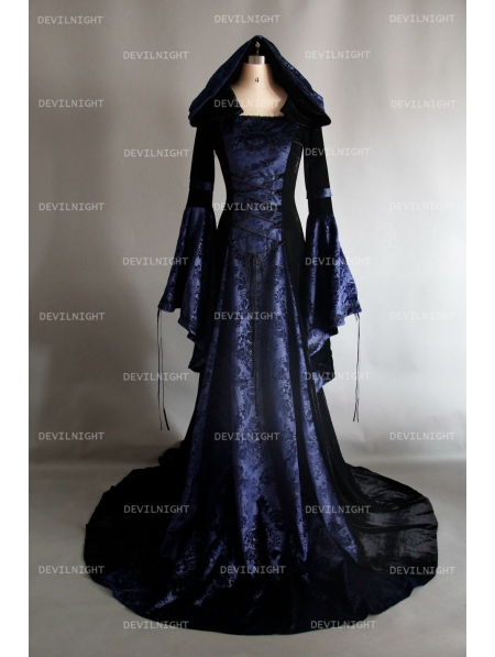 Navy Blue and Black Velvet Gothic Hooded Medieval Dress