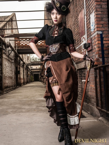 Brown Victorian Steampunk Bustle Long Skirt - Devilnight.co.uk