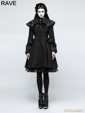 Black Gothic Lolita Fur Worsted Coat for Women