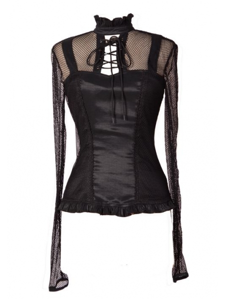 Black High Collar Net Sexy Gothic T-Shirt for Women 