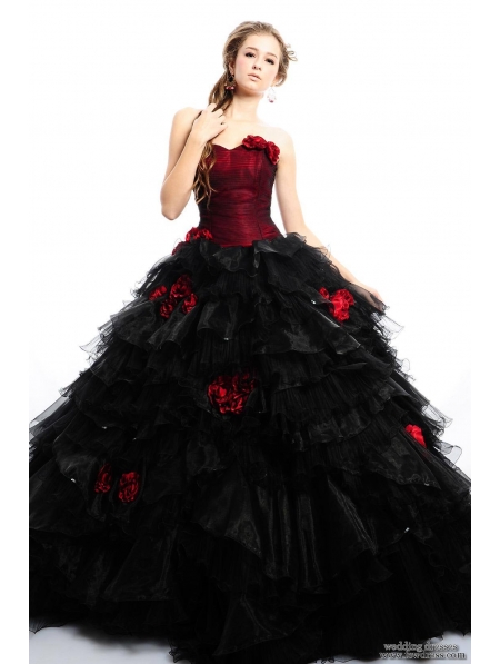 Red and Black Rose Accents Gothic Wedding Dress