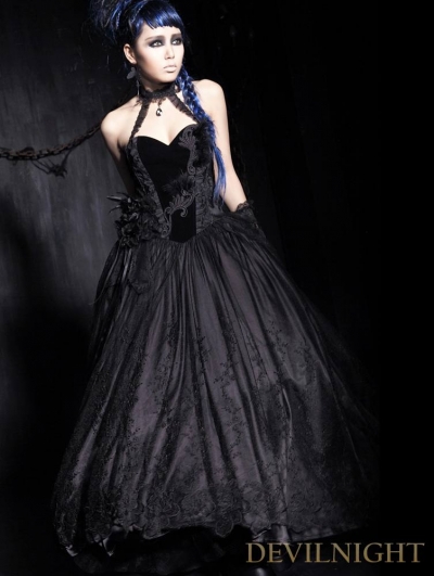 Long Black Velvet Corset Gothic Prom Dress