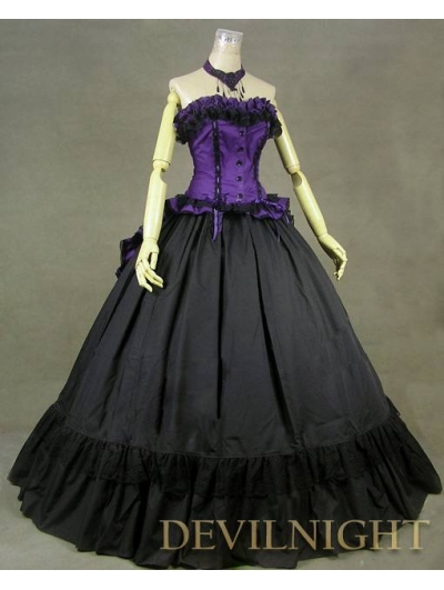 Romantic Black and Purple Strapless Gothic Prom Ball Gowns