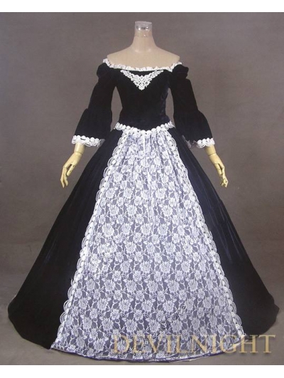 Black Off-the-Shoulder Velvet Lace Victorian Ball Gowns