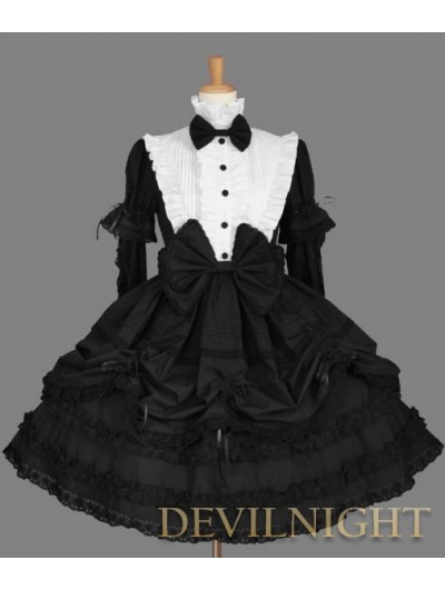 Black and White Long Detachable Sleeves Bow Gothic Lolita Dress 