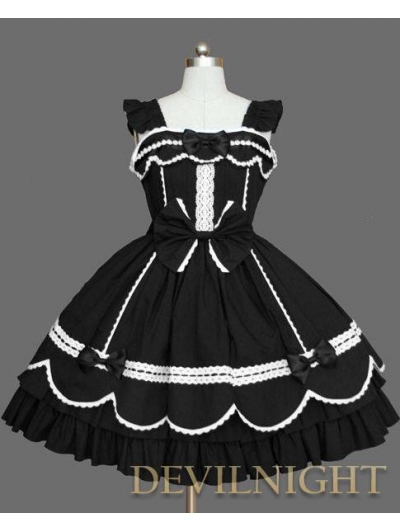 Black Cap Sleeves White Lace Sweet Gothic Lolita Dress