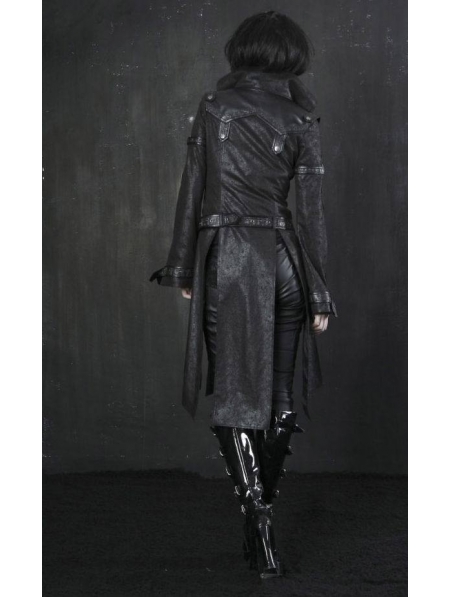 Black Leather Gothic Punk Trench Coat for Women. Previous. Black