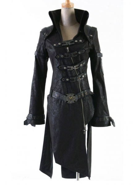 Black Leather Gothic Punk Trench Coat for Women and Men