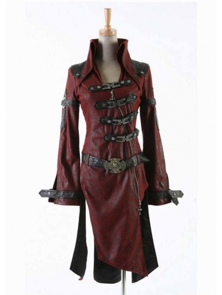Red Leather Gothic Punk Trench Coat for Women and Men