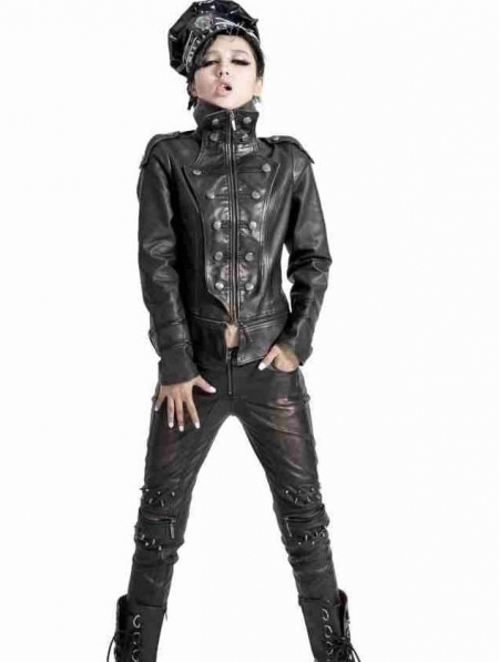 Black Leather Gothic Tuxedo Style Military Jacket for Women