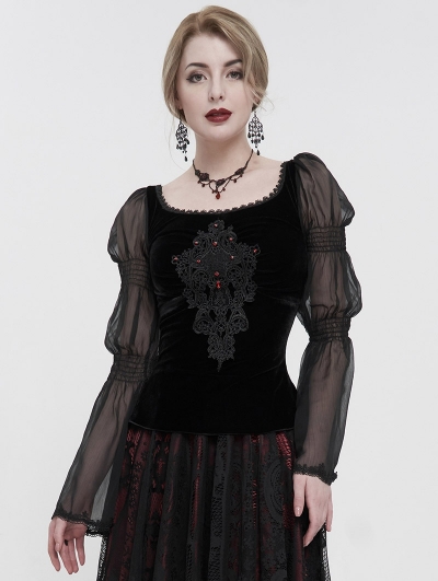 Black Vintage Gothic Velvet Transparent Long Sleeve Top for Women