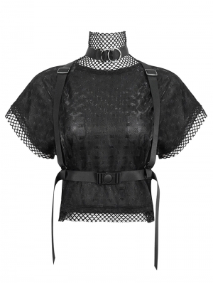 Black Gothic Grunge Punk Strap Batwing Sleeve Loose T-Shirt for Women