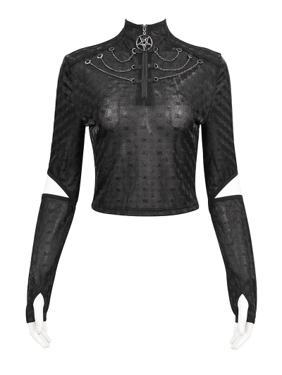 Black Gothic Punk Stand Collar Long Sleeve Fitted T-shirt for Women