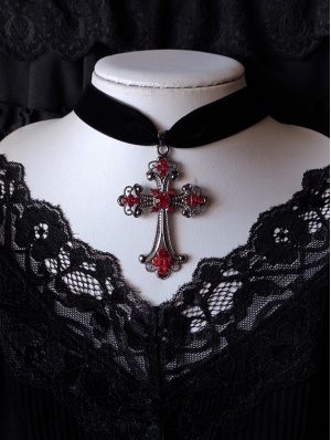 Victorian Retro Black Gothic Blood Cross Pendant Velvet Choker