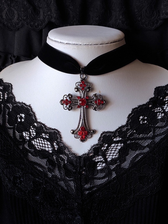 Victorian Retro Black Gothic Blood Cross Pendant Velvet Choker