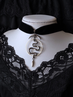 Black Gothic Punk Retro Moon Serpent Pendant Velvet Choker