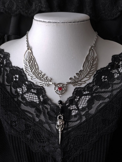 Dark Retro Gothic Pentagram Skull Wings Pendant Necklace