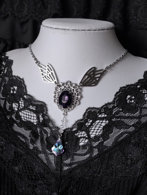 Classical Gothic Angel Wings Engraved Crystal Pendant Necklace