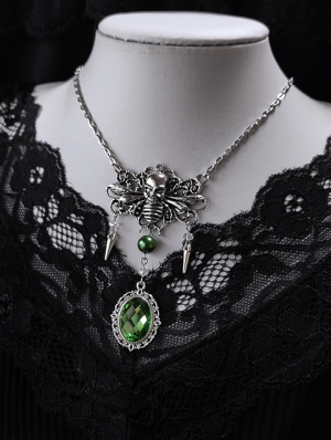 Dark Gothic Skull Bee Green Crystal Engraved Pendant Necklace