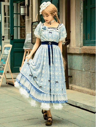 Blue and Ivory Lace Elegant Embroidered Classic Long/Short Lolita OP Dress