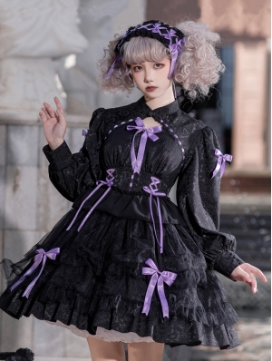 Black and Pink/Black and Purple/White and  Pink Bow Long-sleeved Tiered Sweet Lolita OP Dress