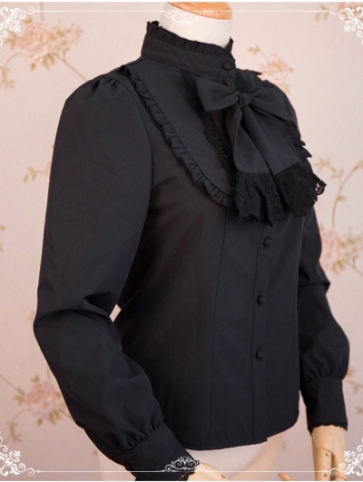 Black Warm Ruffled Stand-up Collar Classic Long Sleeve Lolita Blouse