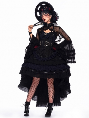 Ismailia Black and Blue Wedding Tea Party Tiered Gothic Lolita JSK Dress Set
