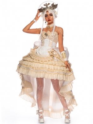 Ismailia White and Gold Wedding Tea Party Tiered Gothic Lolita JSK Dress Set