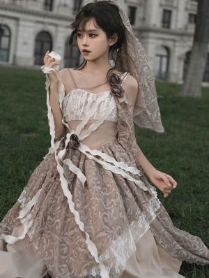 Tea Millet Pink/Brown/Black Floral Asymmetrical Gothic Lolita JSK Dress