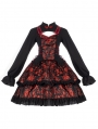 Rosette Print Fake Two-piece Halloween Gothic Long Sleeve Lolita OP Dress