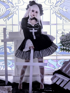 Requiem Black and White Velvet Halloween Cross Halter Gothic Lolita OP Dress