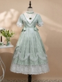 Lily of the Valley Ivory/Green Elegant Deep V Short Sleeve Classic Lolita OP Dress