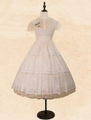 Ivory/Green/Purple Lily of the Valley Embroidered Short Sleeve Tiered Classic Lolita OP Dress