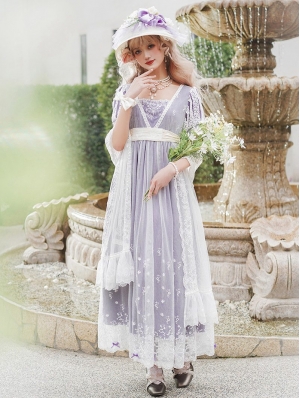 Purple Lily of the Valley Embroidered Puff Sleeve Midi Classic Lolita OP Dress