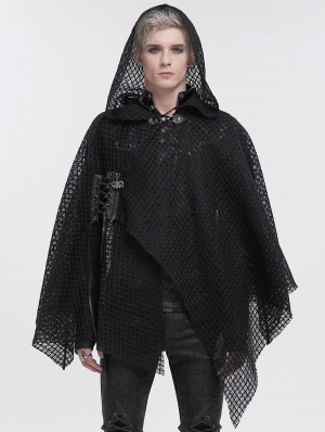 Black Gothic Punk Irregular Loose Net Hooded Cloak for Men
