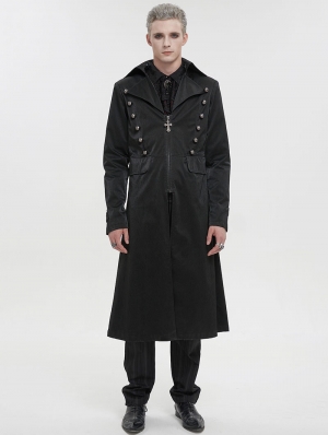 Black Gothic Punk Leather Cross Long Coat for Men