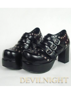 Black Punk Lolita Ankle High Heel Boots With Metal Buckle