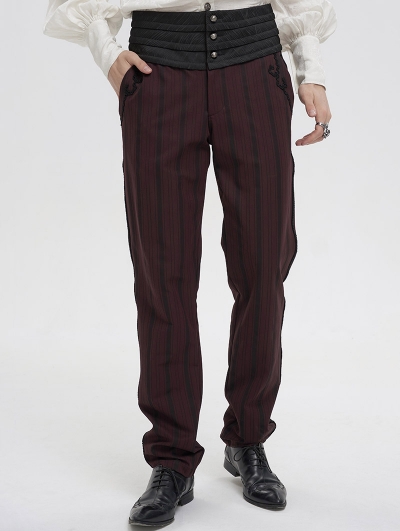 Wine Red Stripe Gothic Vintage Long Fit Party Pants for Men