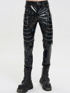Black Gothic Punk Layered Chain Long Fitted Leather Pants for Men