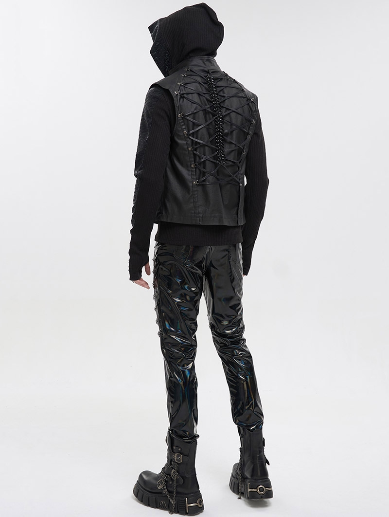 Black Gothic Punk Layered Chain Long Fitted Leather Pants