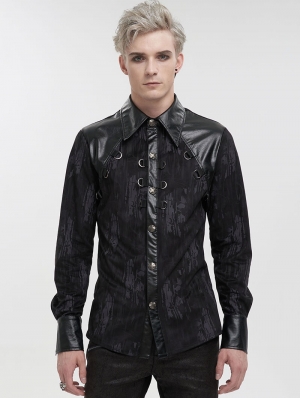 Black Gothic Punk Leather Spliced Long Sleeve Shirt for Men