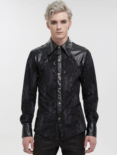 Black Gothic Punk Leather Spliced Long Sleeve Shirt for Men