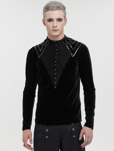 Black Gothic Velvet Leather Strip Long Sleeve T-Shirt for Men