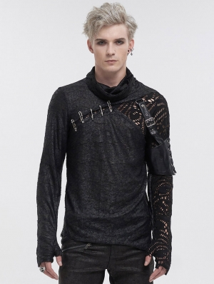 Black Gothic Punk Pullover Pins Asymmetrical Long Sleeve T-Shirt for Men