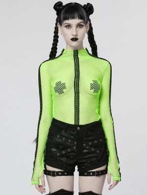 Green Gothic Fashion Sexy Grunge Mesh Long Sleeve T-Shirt for Women