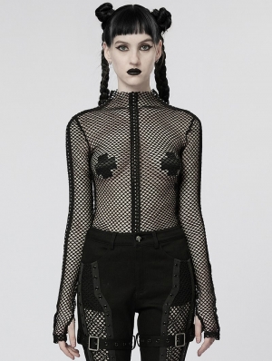 Black Gothic Fashion Sexy Grunge Mesh Long Sleeve T-Shirt for Women
